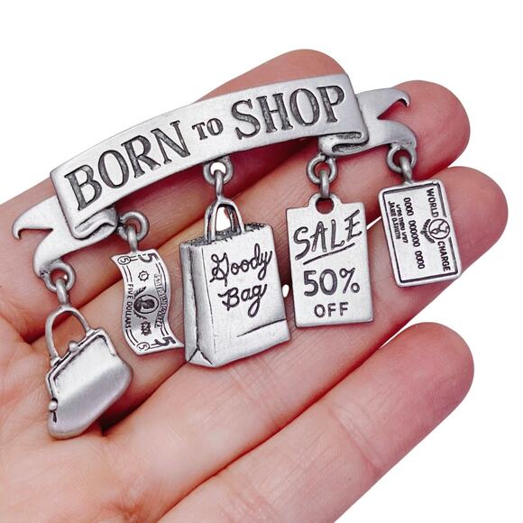 Vintage JJ Signed Pewter Born To Shop Brooch Whimsical & Funny Giftable Jewelry - Picture 3 of 10